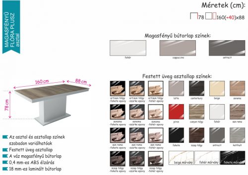 MAGASFÉNYŰ FLÓRA PLUSZ asztal magasfényű üveglappal 160-as  méretben
